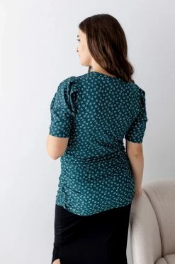 Hello Miz 'Selena' Floral Ribbed Maternity Top In Teal Summer Collection