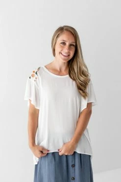 Hayden Los Angeles Summer Collection 'Barbara' Embroidered Flutter Sleeve Top In White