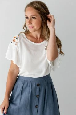 Hayden Los Angeles Summer Collection 'Barbara' Embroidered Flutter Sleeve Top In White