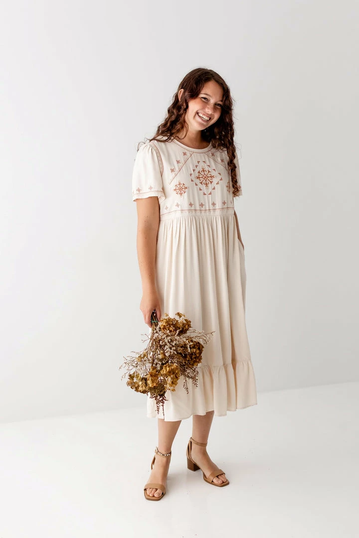 Tea N Rose 'Fiona' Embroidered Midi Dress In Cream 1 Tea N Rose 'Fiona' Embroidered Midi Dress In Cream