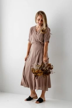 Rokoko 'Janaya' Smocked Sleeve Midi Wrap Dress In Mocha Summer Collection