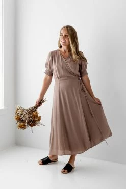 Rokoko 'Janaya' Smocked Sleeve Midi Wrap Dress In Mocha Summer Collection