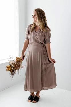Rokoko 'Janaya' Smocked Sleeve Midi Wrap Dress In Mocha Summer Collection