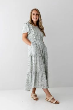 Tea N Rose 'Safiya' Ruffled Floral Midi Dress In Sage