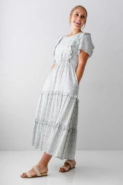 Tea N Rose 'Safiya' Ruffled Floral Midi Dress In Sage