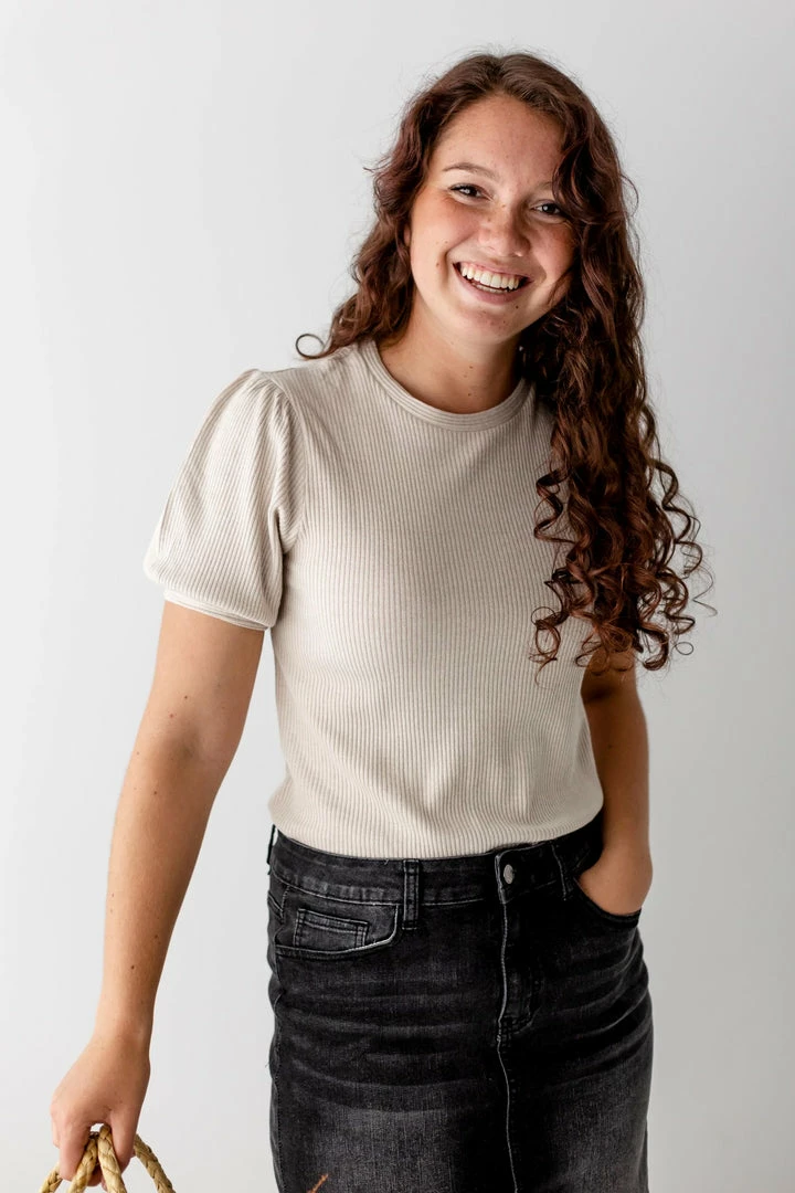 Hayden Summer Collection 'Luna' Ribbed Puff Sleeve Top In Oatmeal 2 Hayden Summer Collection 'Luna' Ribbed Puff Sleeve Top In Oatmeal