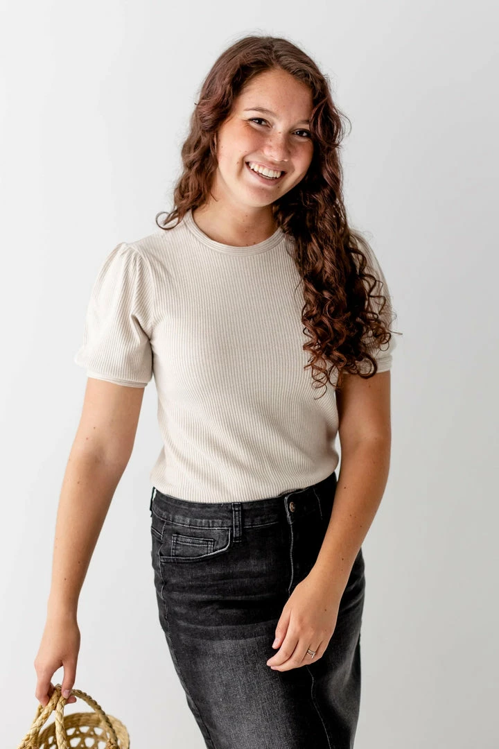 Hayden Summer Collection 'Luna' Ribbed Puff Sleeve Top In Oatmeal 1 Hayden Summer Collection 'Luna' Ribbed Puff Sleeve Top In Oatmeal