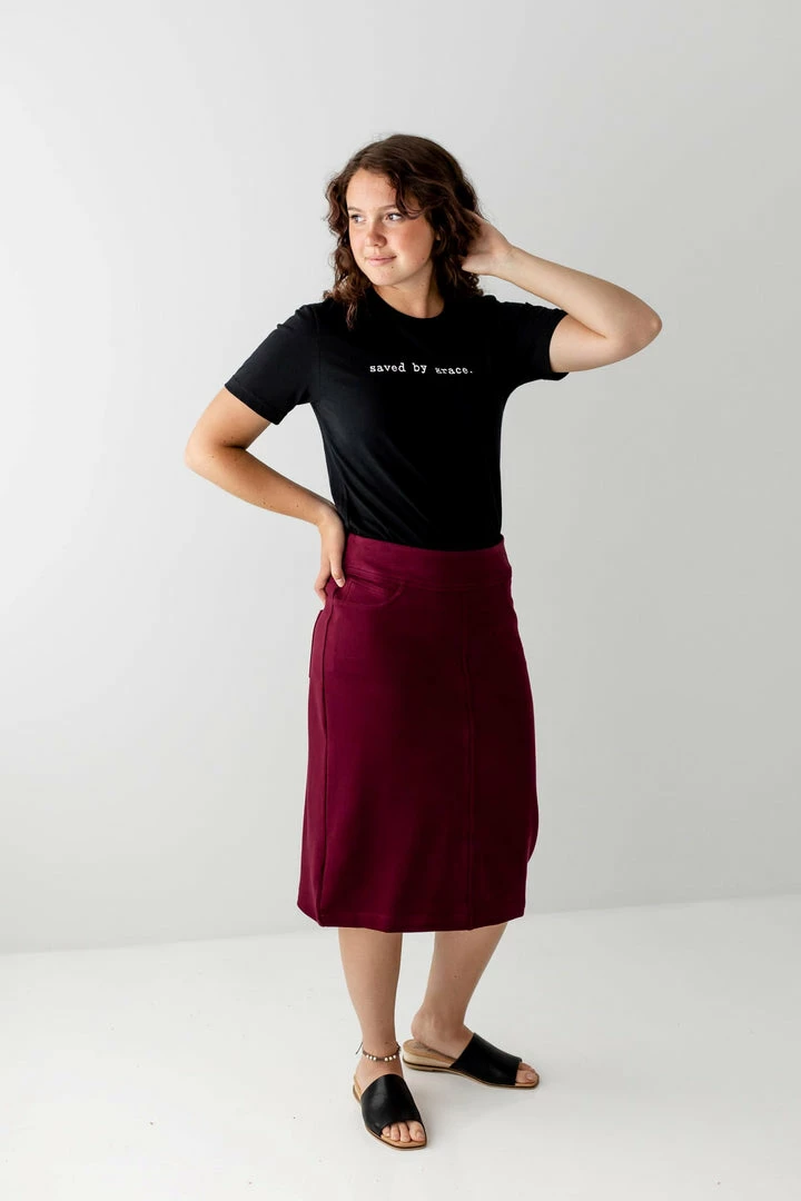 The Main Street Exchange 'Sara' Knit Denim Skirt In Burgundy 1 The Main Street Exchange 'Sara' Knit Denim Skirt In Burgundy