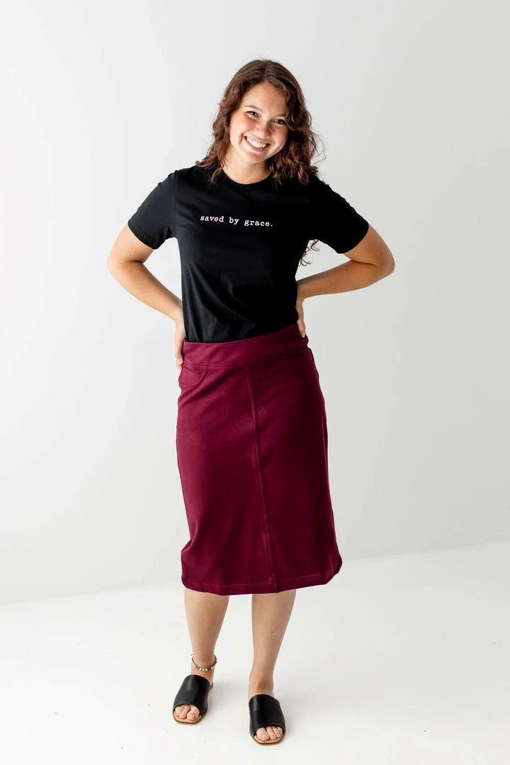The Main Street Exchange 'Sara' Knit Denim Skirt In Burgundy 2 The Main Street Exchange 'Sara' Knit Denim Skirt In Burgundy