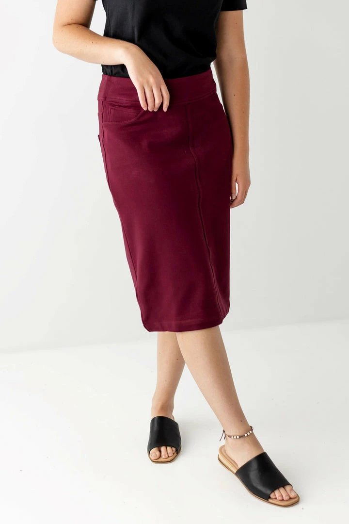 The Main Street Exchange 'Sara' Knit Denim Skirt In Burgundy 4 The Main Street Exchange 'Sara' Knit Denim Skirt In Burgundy