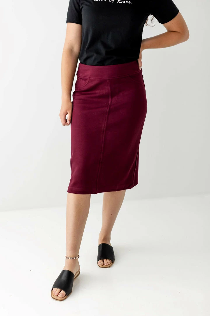 The Main Street Exchange 'Sara' Knit Denim Skirt In Burgundy 5 The Main Street Exchange 'Sara' Knit Denim Skirt In Burgundy