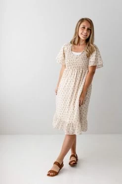 Mikarose Summer Collection 'Felicia' Smocked Bodice Floral Dress In Cream