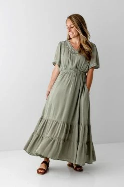Tea N Rose Summer Collection 'Annabel' Embroidery Detail Maxi Dress In Light Olive