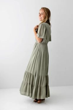 Tea N Rose Summer Collection 'Annabel' Embroidery Detail Maxi Dress In Light Olive