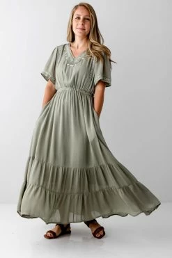 Tea N Rose Summer Collection 'Annabel' Embroidery Detail Maxi Dress In Light Olive