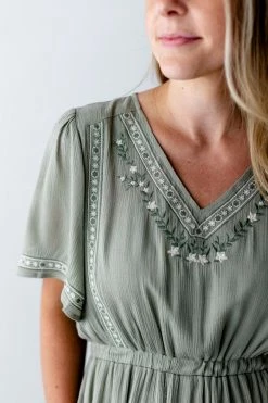Tea N Rose Summer Collection 'Annabel' Embroidery Detail Maxi Dress In Light Olive