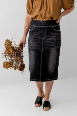 The Main Street Exchange Exclusive Designs 'Sara' Classic Knee Length Denim Skirt In Vintage Black 8 The Main Street Exchange Exclusive Designs 'Sara' Classic Knee Length Denim Skirt In Vintage Black
