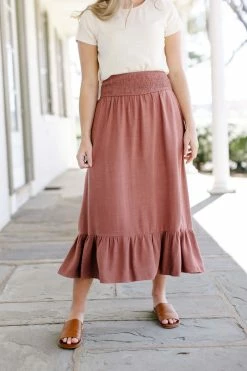 In The Beginning Skirts 'Aliyah' Smocked Waist Linen Blend Skirt In Marsala