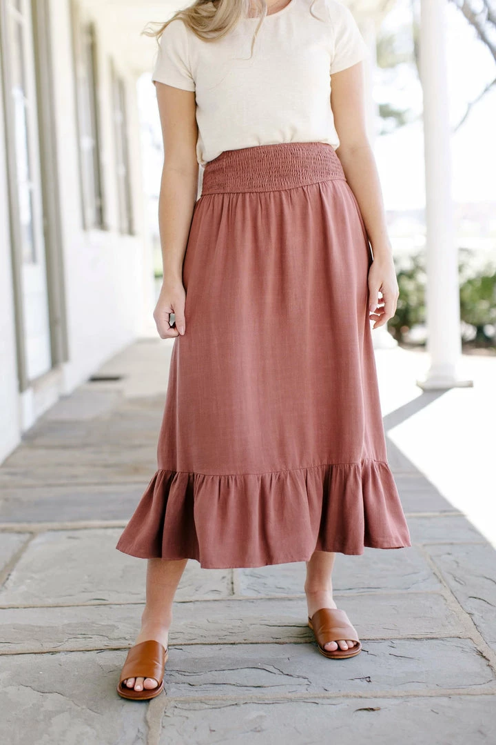 In The Beginning Skirts 'Aliyah' Smocked Waist Linen Blend Skirt In Marsala 2 In The Beginning Skirts 'Aliyah' Smocked Waist Linen Blend Skirt In Marsala