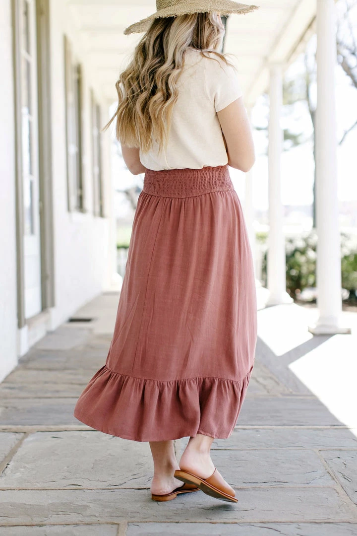 In The Beginning Skirts 'Aliyah' Smocked Waist Linen Blend Skirt In Marsala 3 In The Beginning Skirts 'Aliyah' Smocked Waist Linen Blend Skirt In Marsala