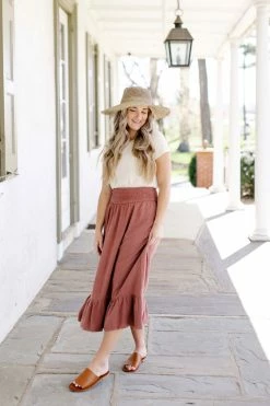 In The Beginning Skirts 'Aliyah' Smocked Waist Linen Blend Skirt In Marsala 9 In The Beginning Skirts 'Aliyah' Smocked Waist Linen Blend Skirt In Marsala