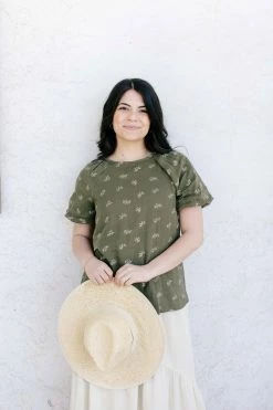 Polagram 'Chantel' Puff Sleeve Printed Top In Olive Tops/Cardigans