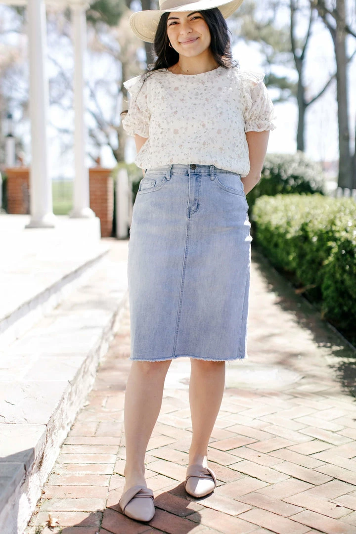 The Main Street Exchange Exclusive Designs 'Lily' Light Denim Knee Length Skirt 2 The Main Street Exchange Exclusive Designs 'Lily' Light Denim Knee Length Skirt
