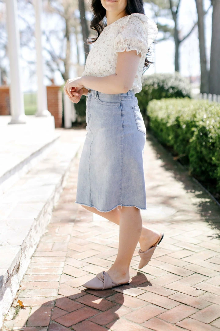 The Main Street Exchange Exclusive Designs 'Lily' Light Denim Knee Length Skirt 3 The Main Street Exchange Exclusive Designs 'Lily' Light Denim Knee Length Skirt
