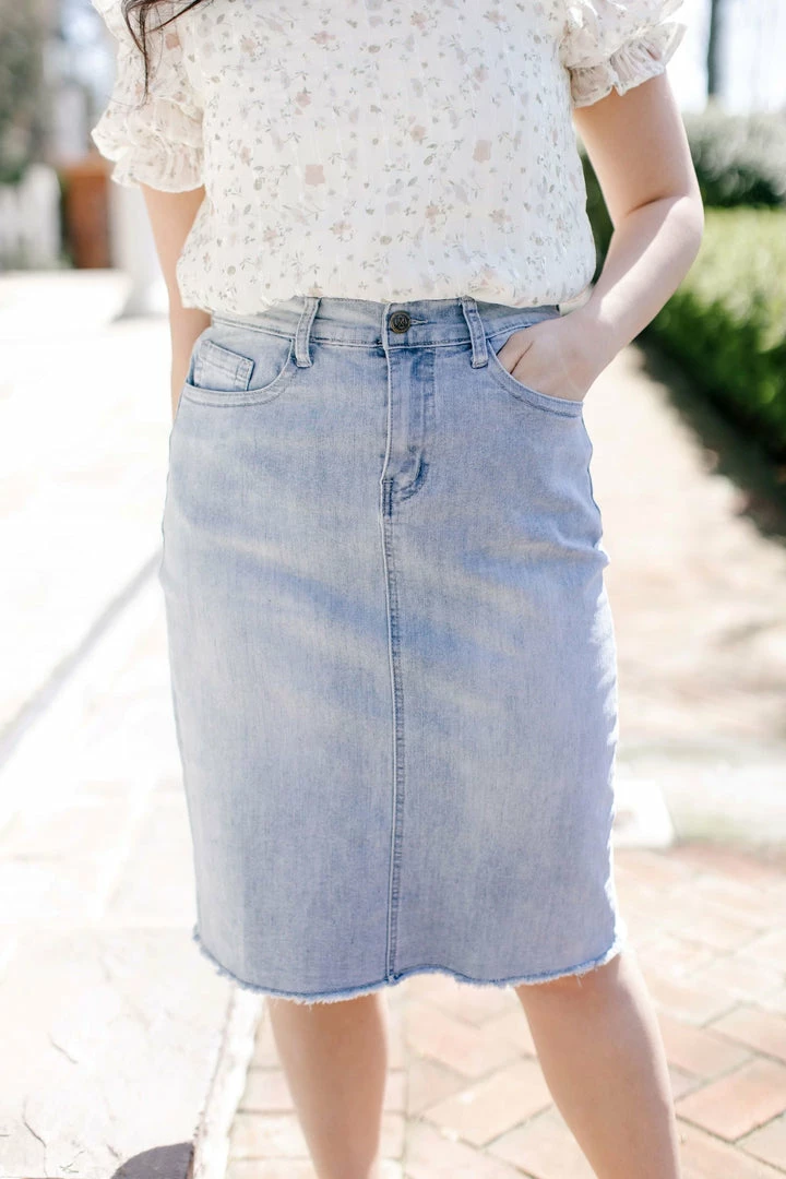 The Main Street Exchange Exclusive Designs 'Lily' Light Denim Knee Length Skirt 1 The Main Street Exchange Exclusive Designs 'Lily' Light Denim Knee Length Skirt