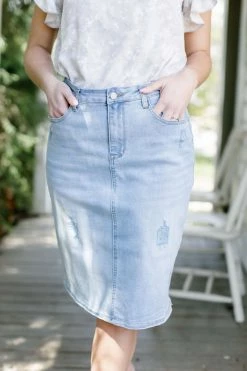 The Main Street Exchange 'Sierra' Distressed Denim Skirt In Light Wash