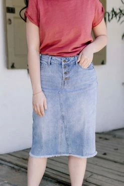 The Main Street Exchange 'Haven' Knee Length Denim Skirt In Light Wash Exclusive Designs