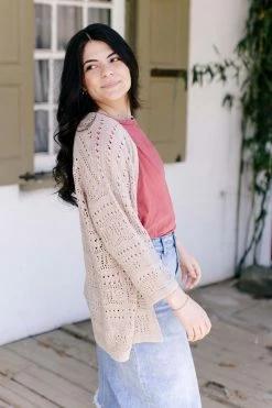 Be Cool 'Mailee' Open Front Crochet Cardigan In Taupe