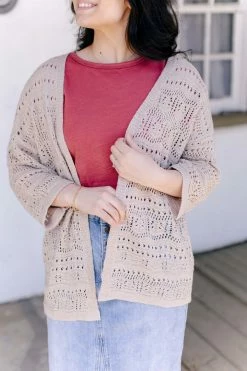 Be Cool 'Mailee' Open Front Crochet Cardigan In Taupe