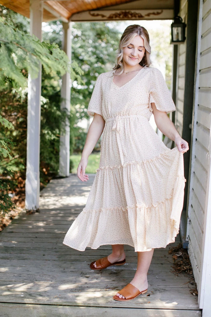 Tea N Rose 'Sheila' Printed Ruffle Midi Dress In Ecru 2 Tea N Rose 'Sheila' Printed Ruffle Midi Dress In Ecru