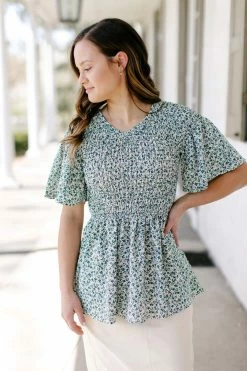 Mikarose 'Rachel' Smocked Abstract Print Peplum Top In Deep Green Tops/Cardigans