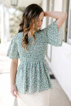 Mikarose 'Rachel' Smocked Abstract Print Peplum Top In Deep Green Tops/Cardigans