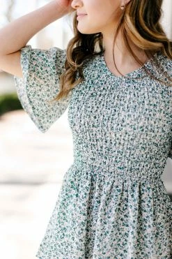 Mikarose 'Rachel' Smocked Abstract Print Peplum Top In Deep Green Tops/Cardigans