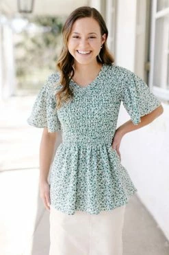 Mikarose 'Rachel' Smocked Abstract Print Peplum Top In Deep Green Tops/Cardigans