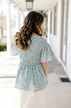 Mikarose 'Rachel' Smocked Abstract Print Peplum Top In Deep Green Tops/Cardigans