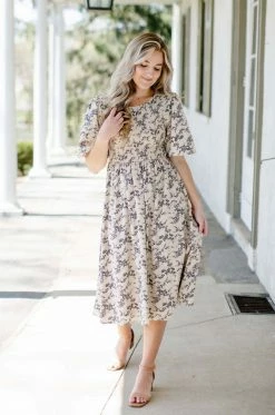 The Main Street Exchange 'Windsor' Smocked Bodice Floral Dress In Parchment Exclusive Designs