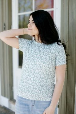 Tea N Rose Tops/Cardigans 'Ada' Floral Ribbed Tee In Ivory