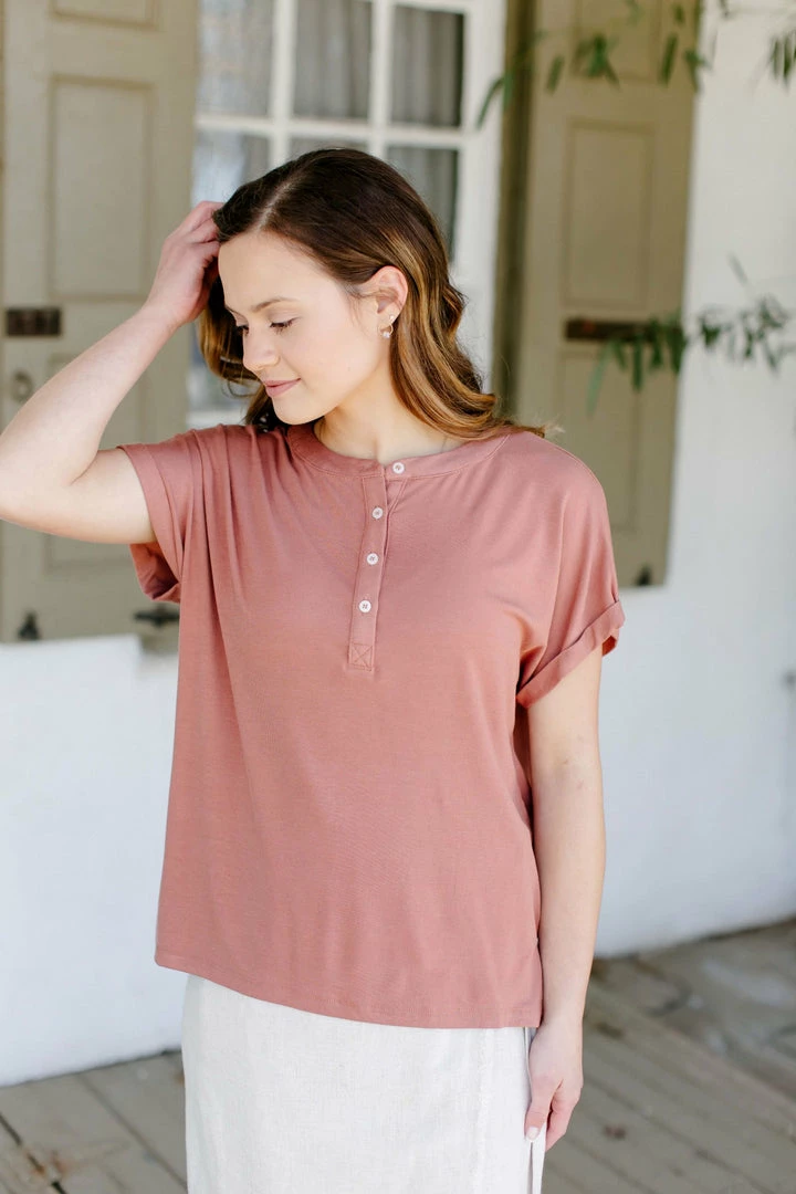 Wishlist 'Wilson' Cap Sleeve Henley Top In Clay 2 Wishlist 'Wilson' Cap Sleeve Henley Top In Clay