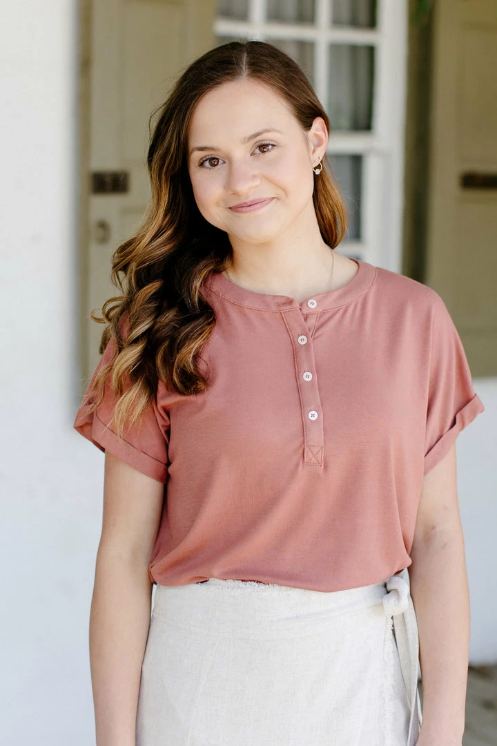 Wishlist 'Wilson' Cap Sleeve Henley Top In Clay 1 Wishlist 'Wilson' Cap Sleeve Henley Top In Clay