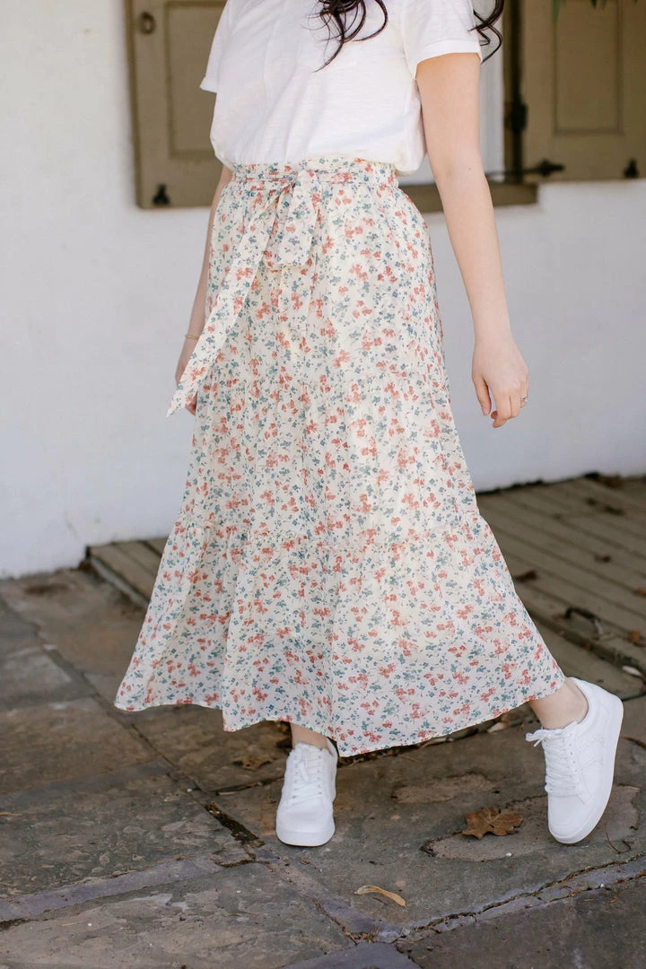 Mikarose 'Chanel' Tiered Floral Skirt In Cream Skirts 1 Mikarose 'Chanel' Tiered Floral Skirt In Cream Skirts