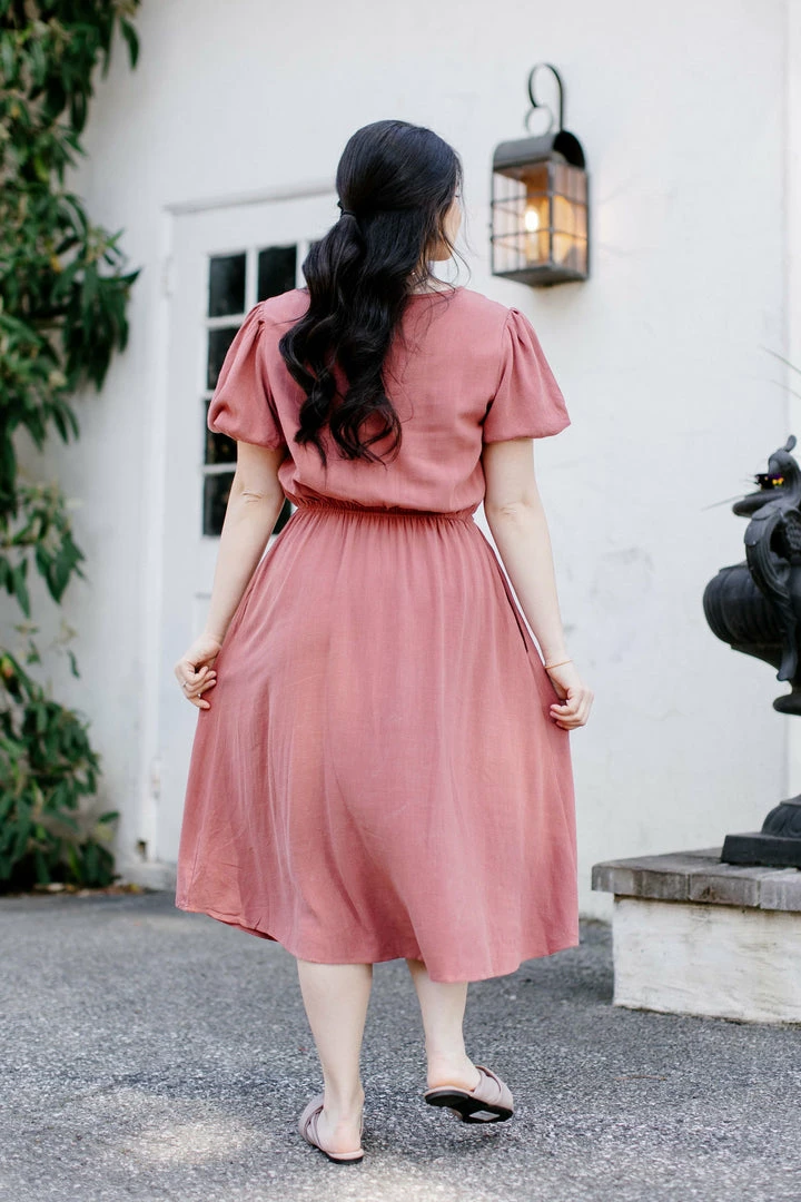 Tea N Rose 'Aurora' Puff Sleeve Midi Dress In Terracotta 2 Tea N Rose 'Aurora' Puff Sleeve Midi Dress In Terracotta