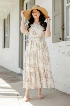 Polagram 'Victoria' V-Neck Floral Print Dress In Cream Summer Collection