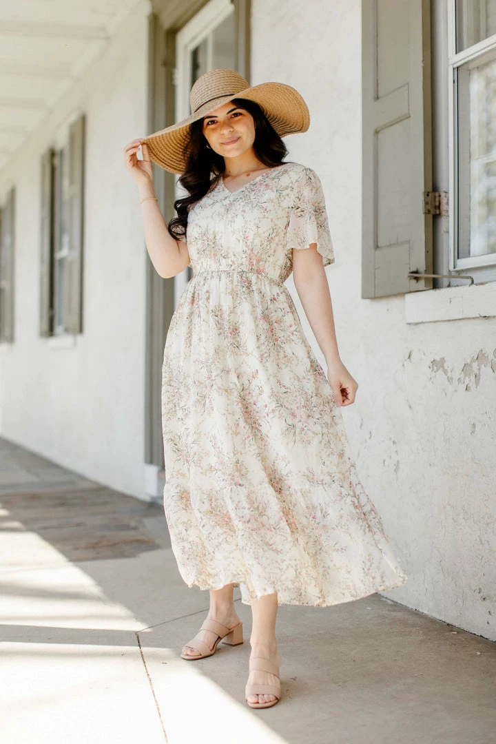 Polagram 'Victoria' V-Neck Floral Print Dress In Cream Summer Collection 1 Polagram 'Victoria' V-Neck Floral Print Dress In Cream Summer Collection