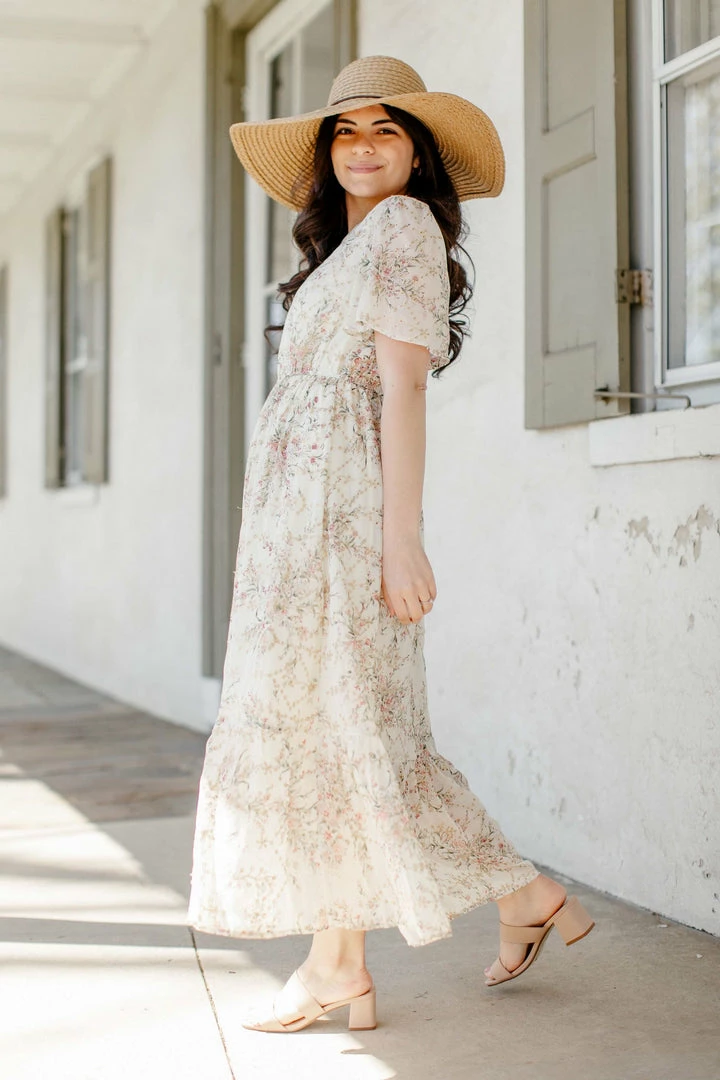 Polagram 'Victoria' V-Neck Floral Print Dress In Cream Summer Collection 3 Polagram 'Victoria' V-Neck Floral Print Dress In Cream Summer Collection