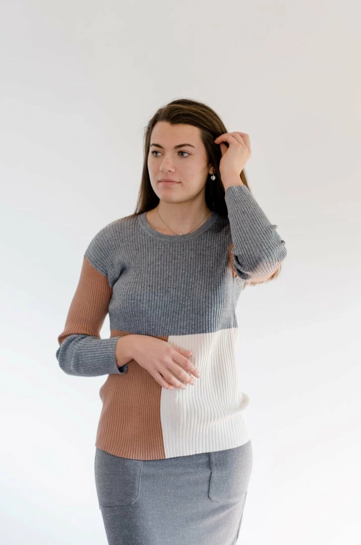 Polagram Tops/Cardigans 'Archer' Ribbed Color Block Sweater In Charcoal FINAL SALE 1 Polagram Tops/Cardigans 'Archer' Ribbed Color Block Sweater In Charcoal FINAL SALE