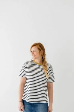 Wishlist 'Aiden' Contrasting Band Striped Tee In Ivory/Black